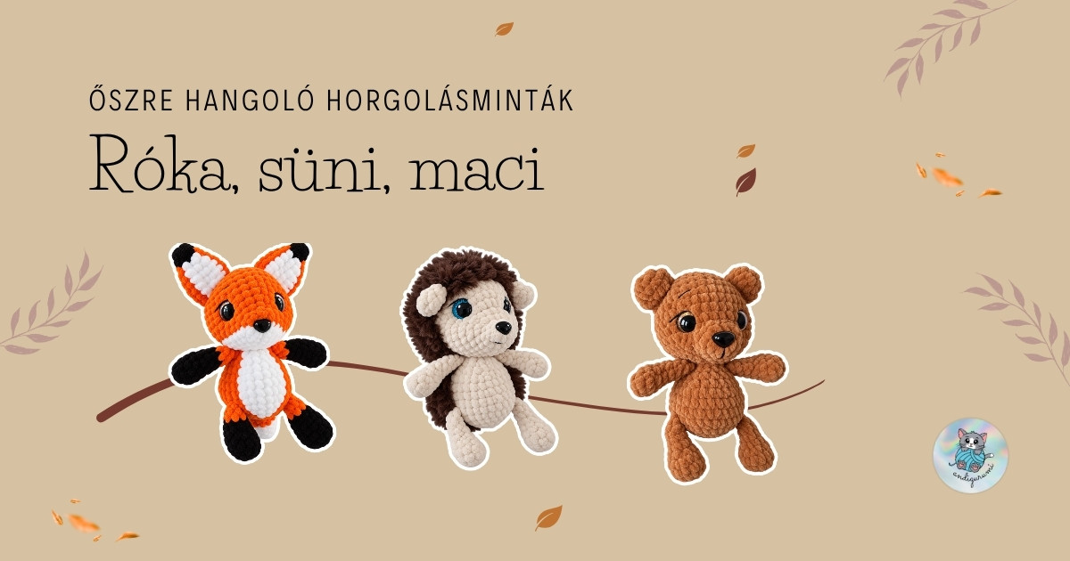Őszi hangulat: róka, süni és maci horgolásminta